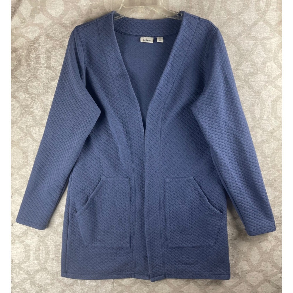 L.L.Bean Quilted Sweatshirt Cardigan Women M Blue Excellent Open Front Pockets